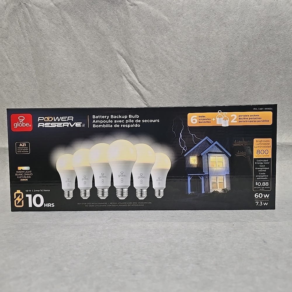 Globe Power Reserve Battery Backup Bulb Warm Light 3000K‎ A21 800lm 60W 6-Pack